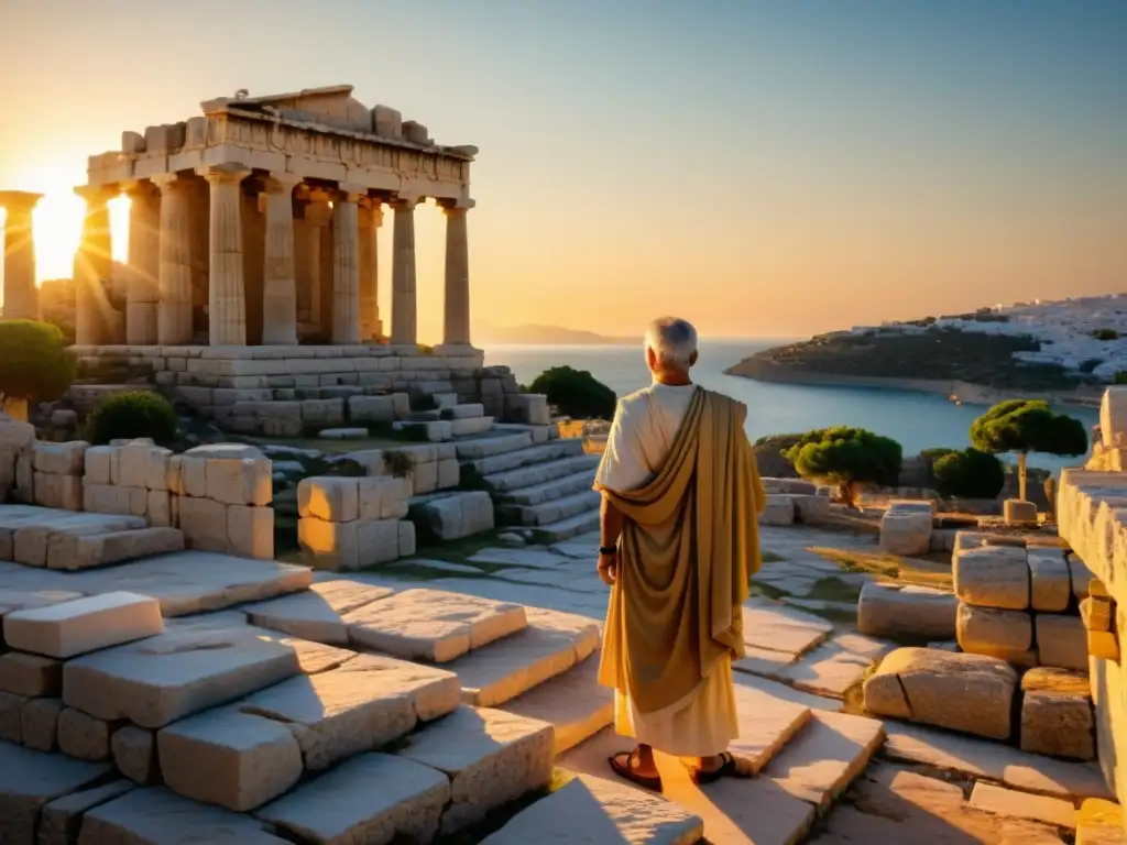 Ruinas del antiguo Santuario de Eleusis al atardecer con Versos Sagrados de la antigua Grecia, envueltas en una mística luz dorada