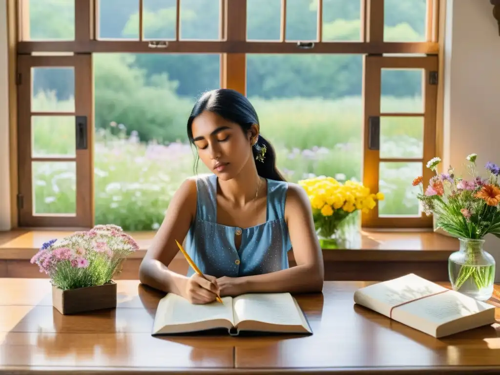 Rupi Kaur inspira otras artes en detallada acuarela: poesía bestseller en escena serena rodeada de flores vibrantes y luz cálida