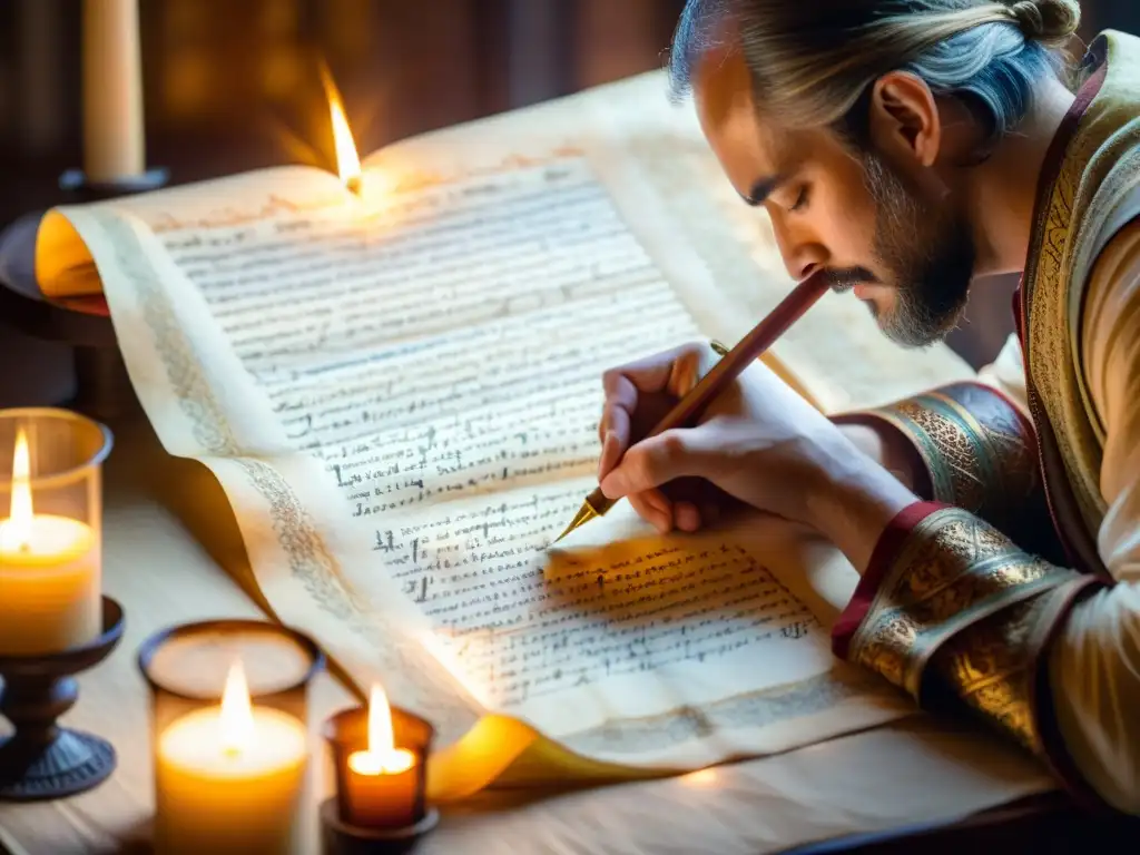 Un sacerdote medieval escribe poesía en pergamino iluminado por la luz de las velas