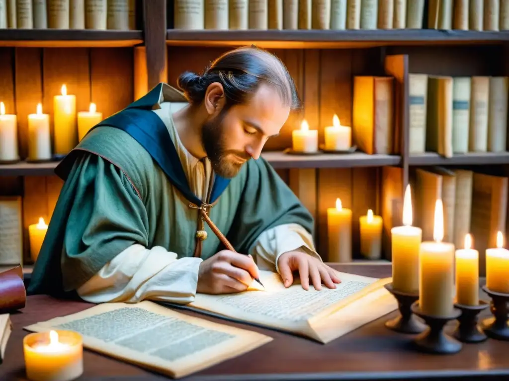 Un sacerdote medieval escribe poesía en un pergamino rodeado de manuscritos antiguos a la luz de las velas