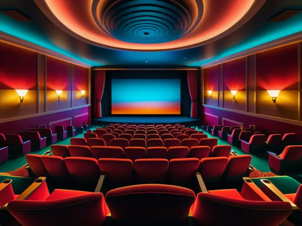 Una sala de cine íntimamente iluminada con un vibrante y poético movimiento de colores en la pantalla, evocando el análisis narrativa poética cine