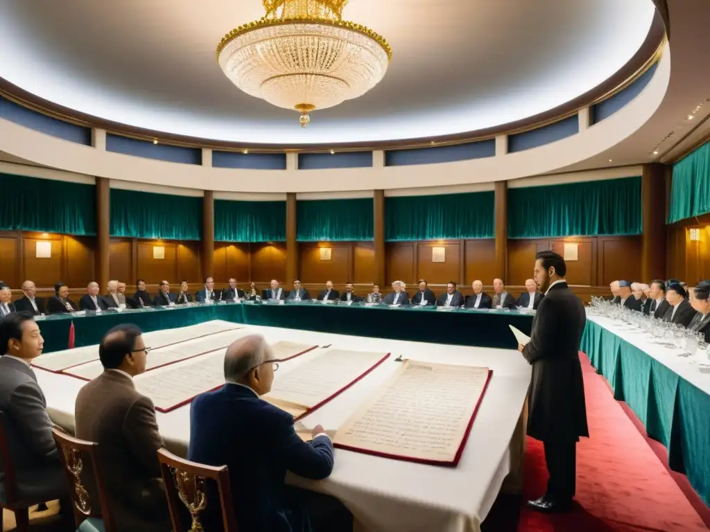 Una sala de subastas elegante y tenue con un manuscrito poético raro en una almohadilla de terciopelo, rodeado de pujadores elegantes