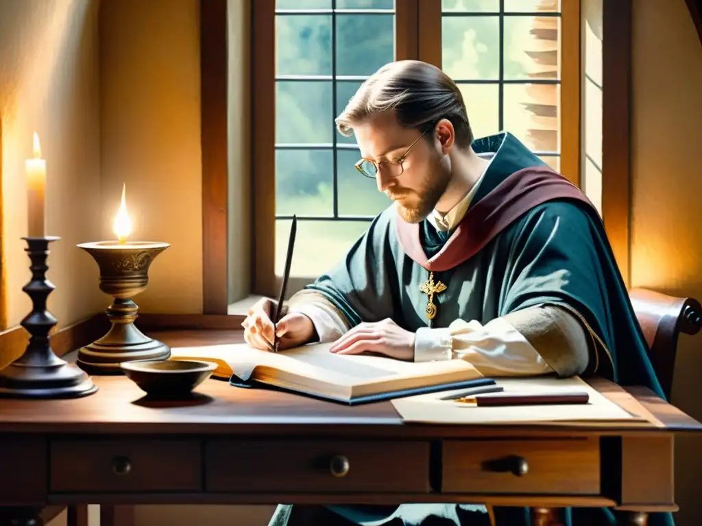 Una serena acuarela de un escriba medieval rodeado de plumas, pergamino y tinteros