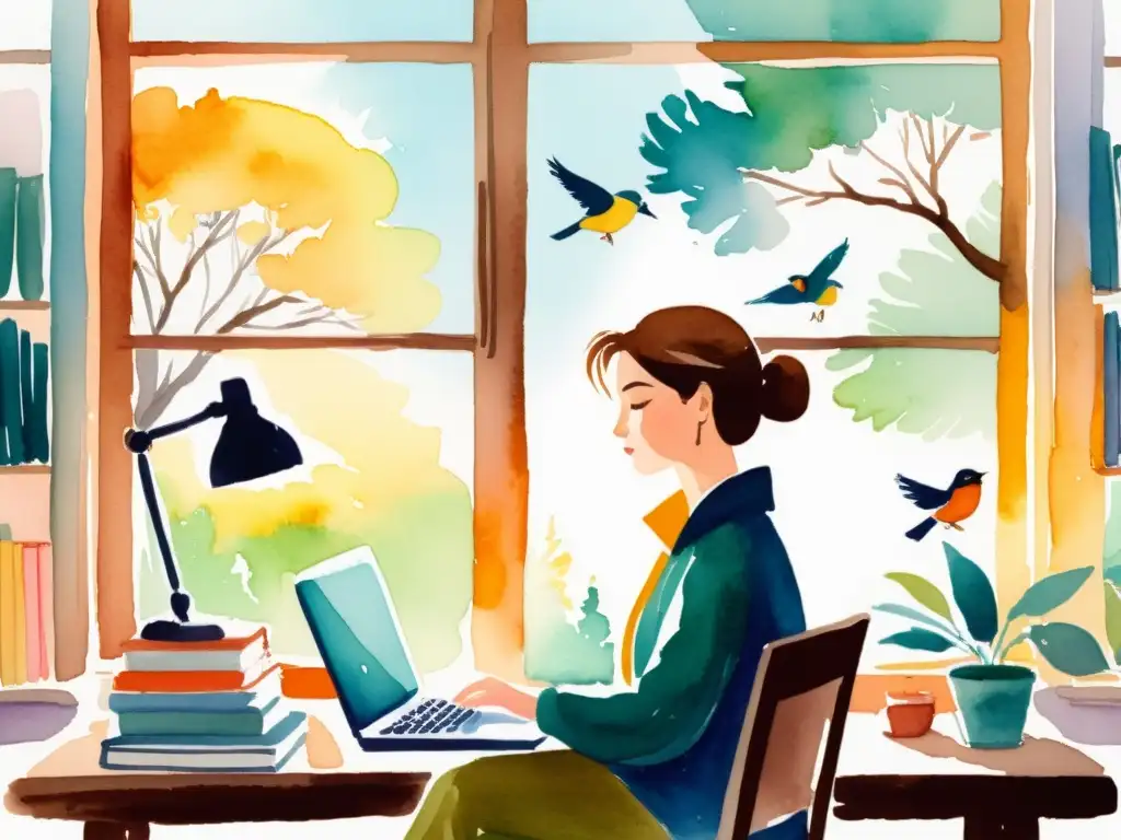 Una ilustración serena en acuarela de una persona en su escritorio con una laptop, rodeada de libros de poesía y una taza de café