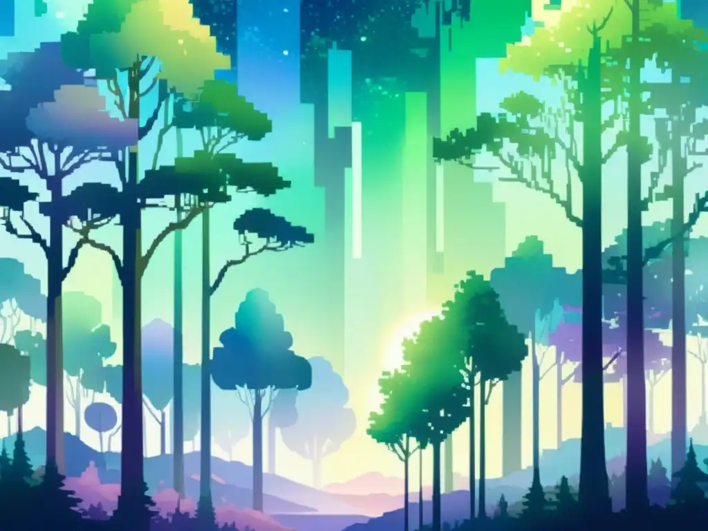 Una ilustración serena de un bosque pixelado con colores vibrantes, evocando narrativas poéticas en videojuegos