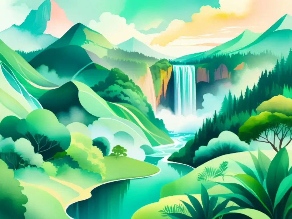 Una ilustración acuarela serena de un paisaje futurista y etéreo con una cascada y exuberante vegetación