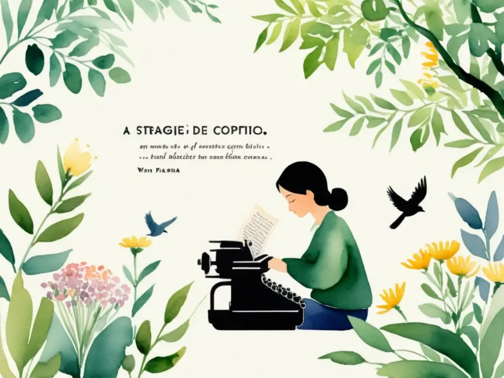 Una ilustración acuarela serena de una persona escribiendo en una máquina rodeada de flores y aves, con las palabras 'Estrategias de Copywriting Poético en Plataformas de Poesía' entrelazadas