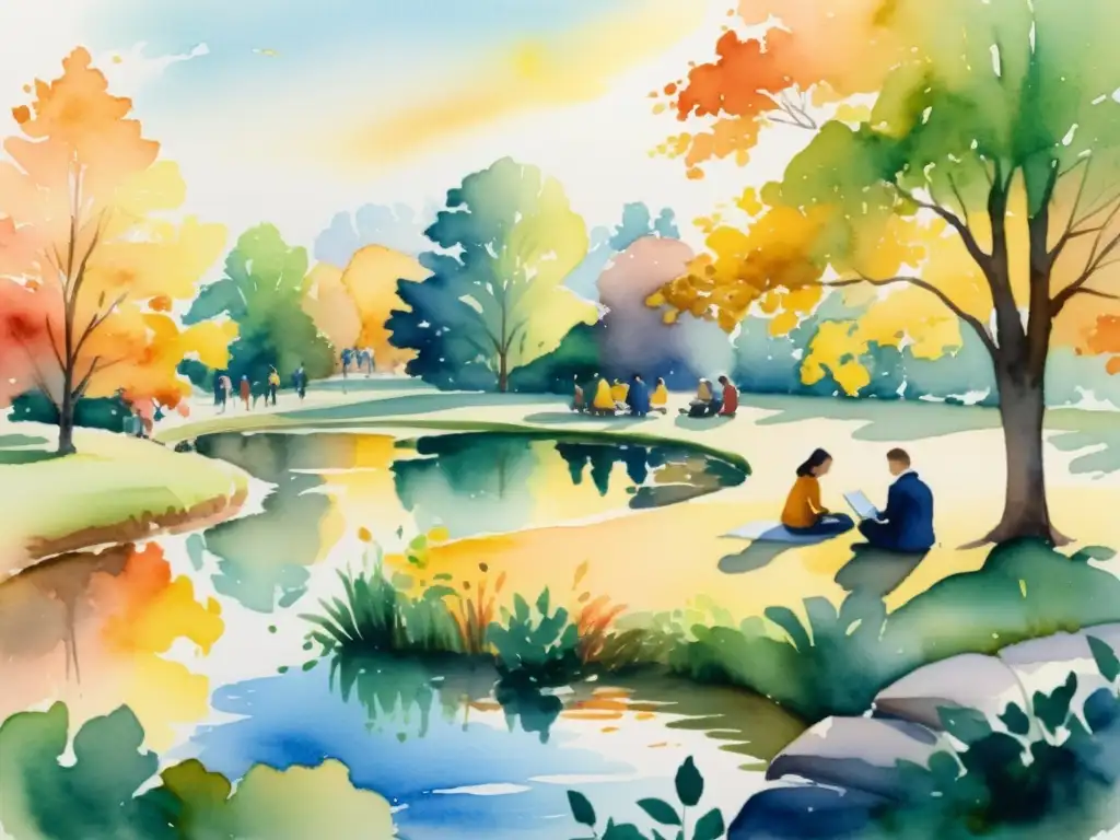 Poesía en otoño: armonía y diversidad en el parque Una serena pintura acuarela de un parque en otoño con un grupo diverso disfrutando de eventos poéticos y mensajes de armonía