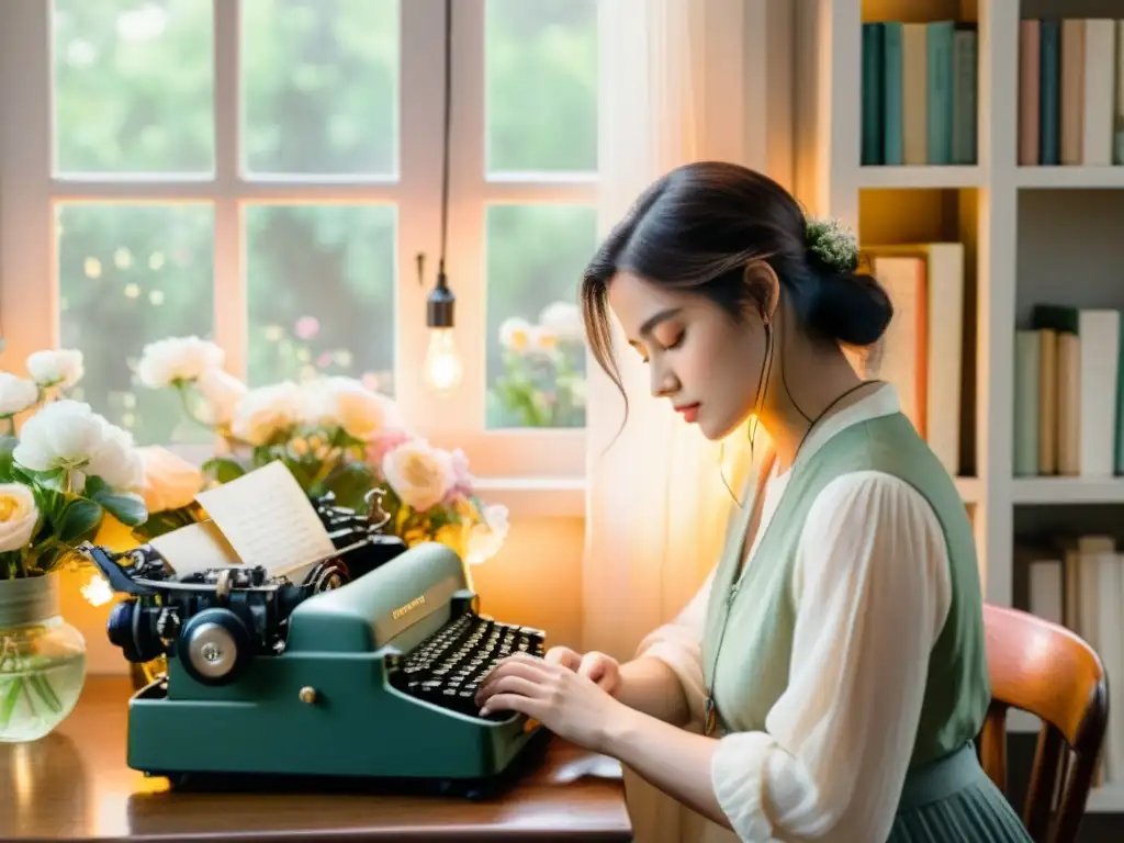 Una serena pintura acuarela de un poeta rodeado de flores, escribiendo en una máquina de escribir vintage