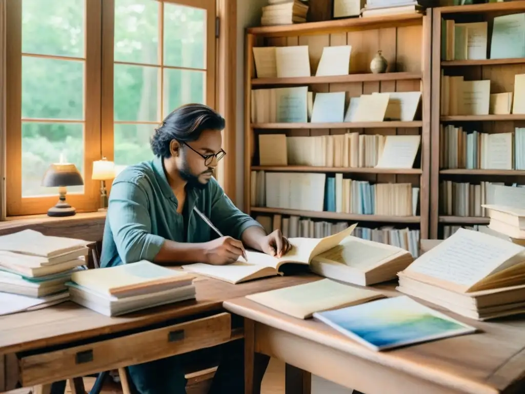 Serena pintura acuarela de un poeta inmerso en su escritura rodeado de poesía como vehículo de historias, bañado por luz natural