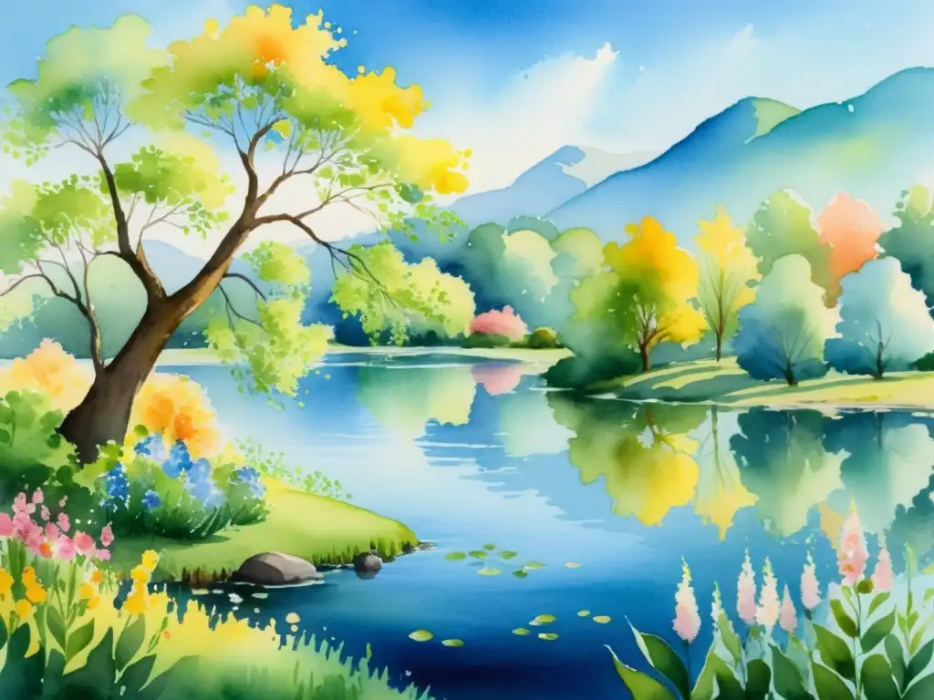 Una serena pintura acuarela inspirada en la naturaleza con jardín tranquilo, flores vibrantes, sauces meciéndose y un estanque reflejando el cielo