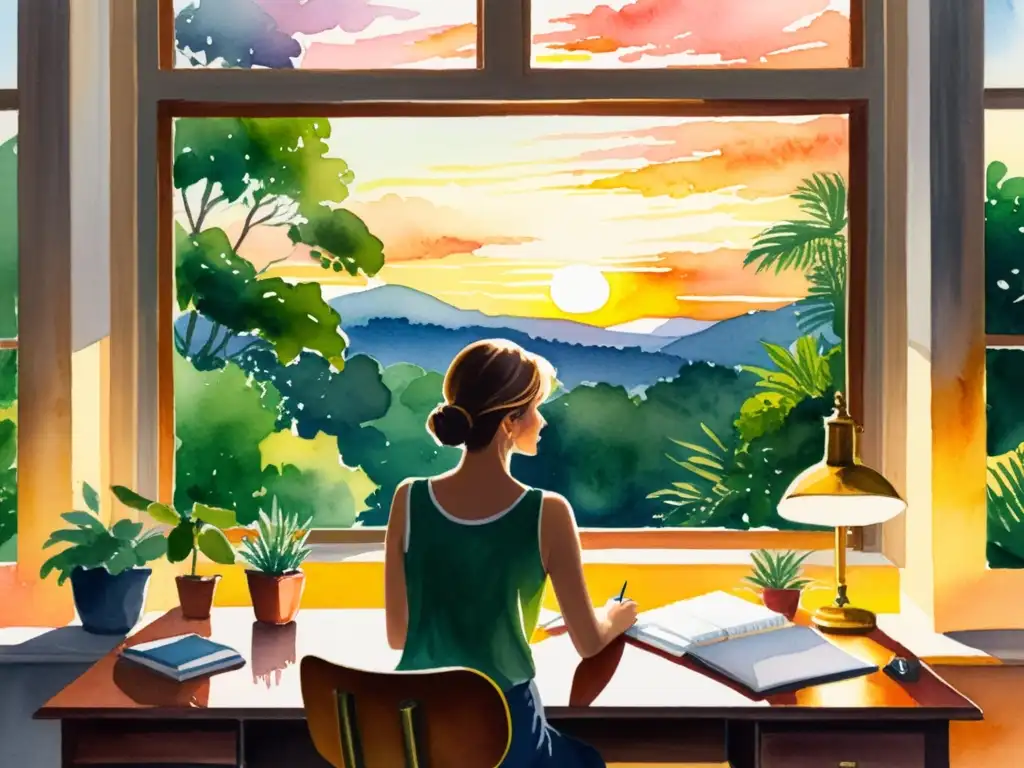 Una serena pintura acuarela de una persona en un escritorio, rodeada de exuberante vegetación, contemplando un vibrante atardecer