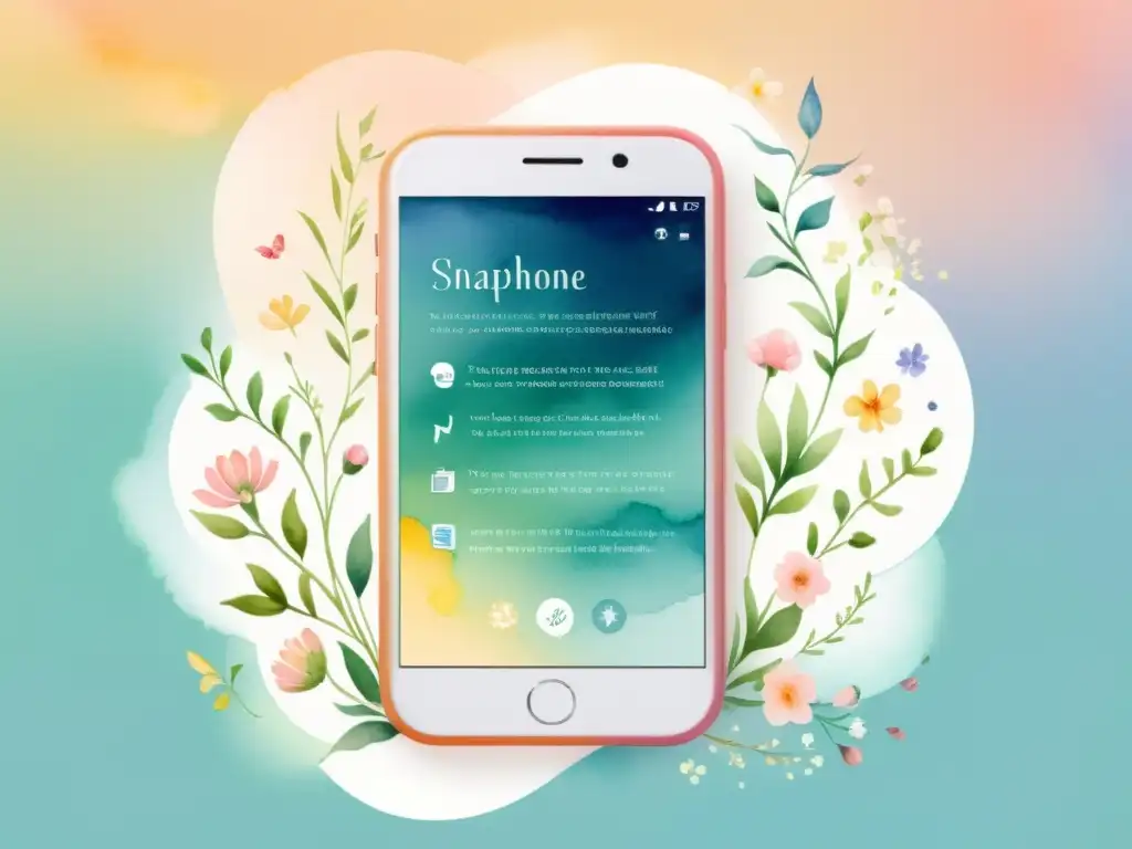 Una ilustración acuarela serena de un smartphone rodeado de delicadas flores y cintas de poesía, con íconos de apps flotando alrededor