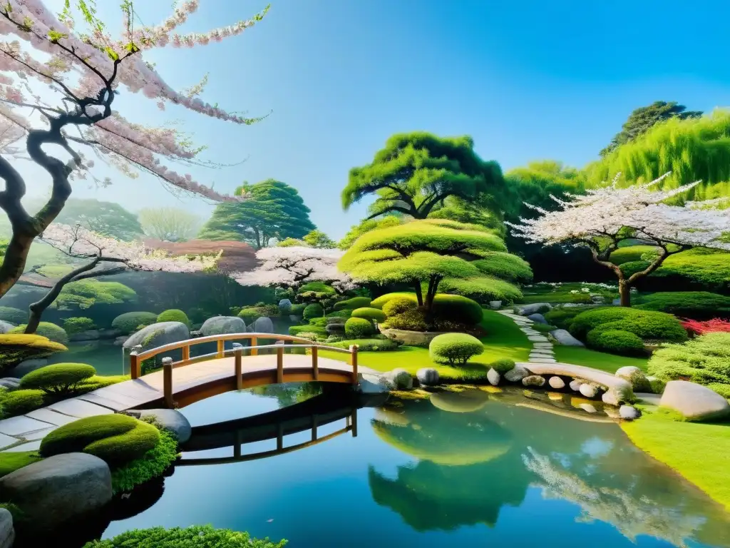 Jardín japonés sereno con camino de piedra, puente de madera, estanque y vegetación exuberante, inspirado en haikus de Basho y la poesía japonesa