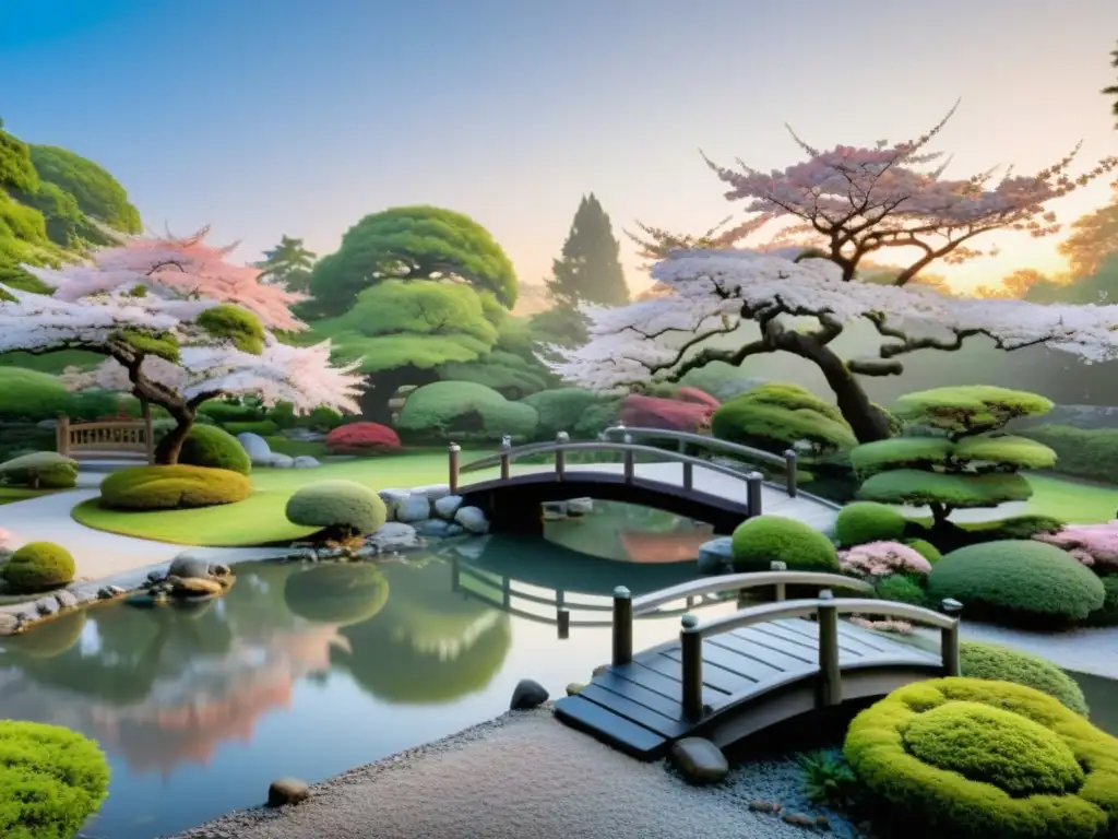 Jardín japonés al amanecer: cerezo en flor y puente de piedra Jardín japonés sereno con cerezo en flor, puente de piedra y estanque calmado, influencias haiku reinventado en la naturaleza