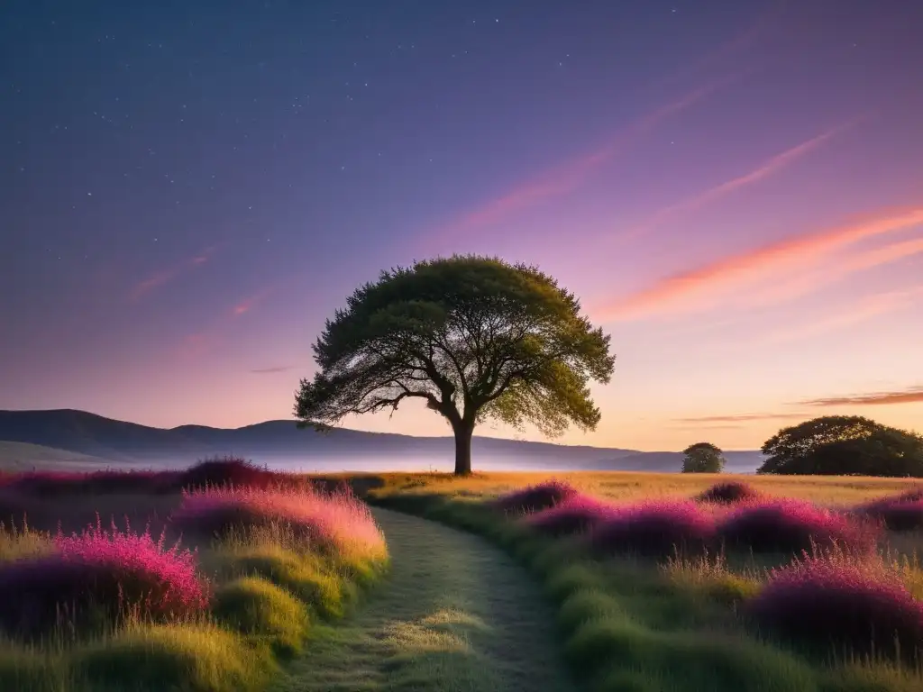 Exploración poesía silencio espacios pausas: Campo tranquilo al atardecer, con suave luz dorada y árbol solitario en la distancia