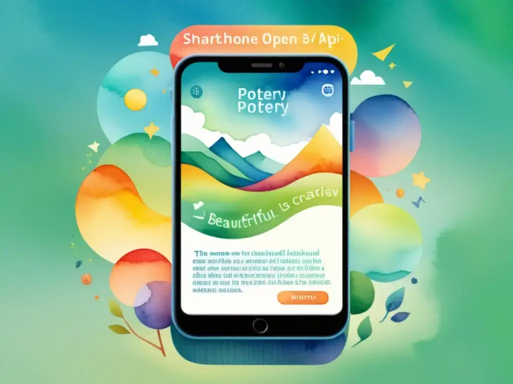 Smartphone con app de poesía mostrando un paisaje digital sereno y vibrante