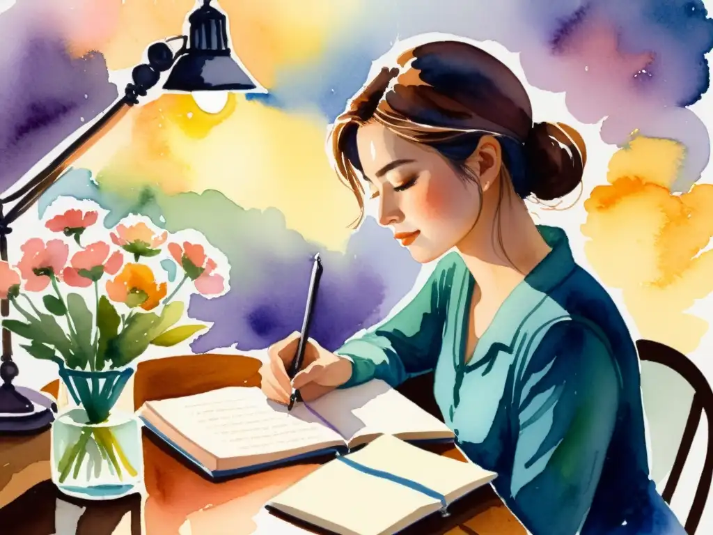 Software para expresar emociones a través de poesía: Pintura acuarela de persona escribiendo poesía en un escritorio rodeado de flores