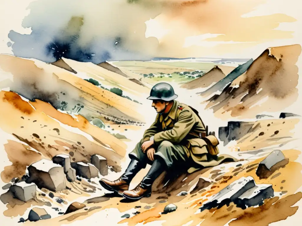 Soldado reflexivo en trinchera, paisaje desolado y fangoso de la Primera Guerra Mundial