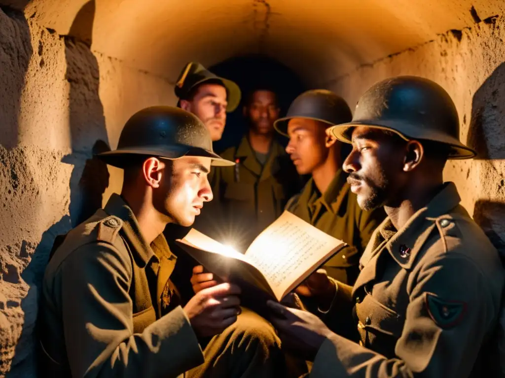 Soldados leen poesía en tiempos de guerra, hallando fuerza en las palabras mientras la luz tenue ilumina el ambiente sombrío