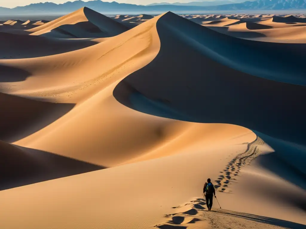 Un solitario caminante se adentra en un vasto desierto bajo un cielo azul brillante