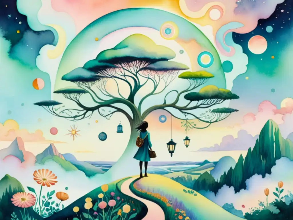 Surrealismo en poesía: un paisaje onírico con colores pastel, elementos surrealistas y una figura misteriosa alcanzando un orbe brillante