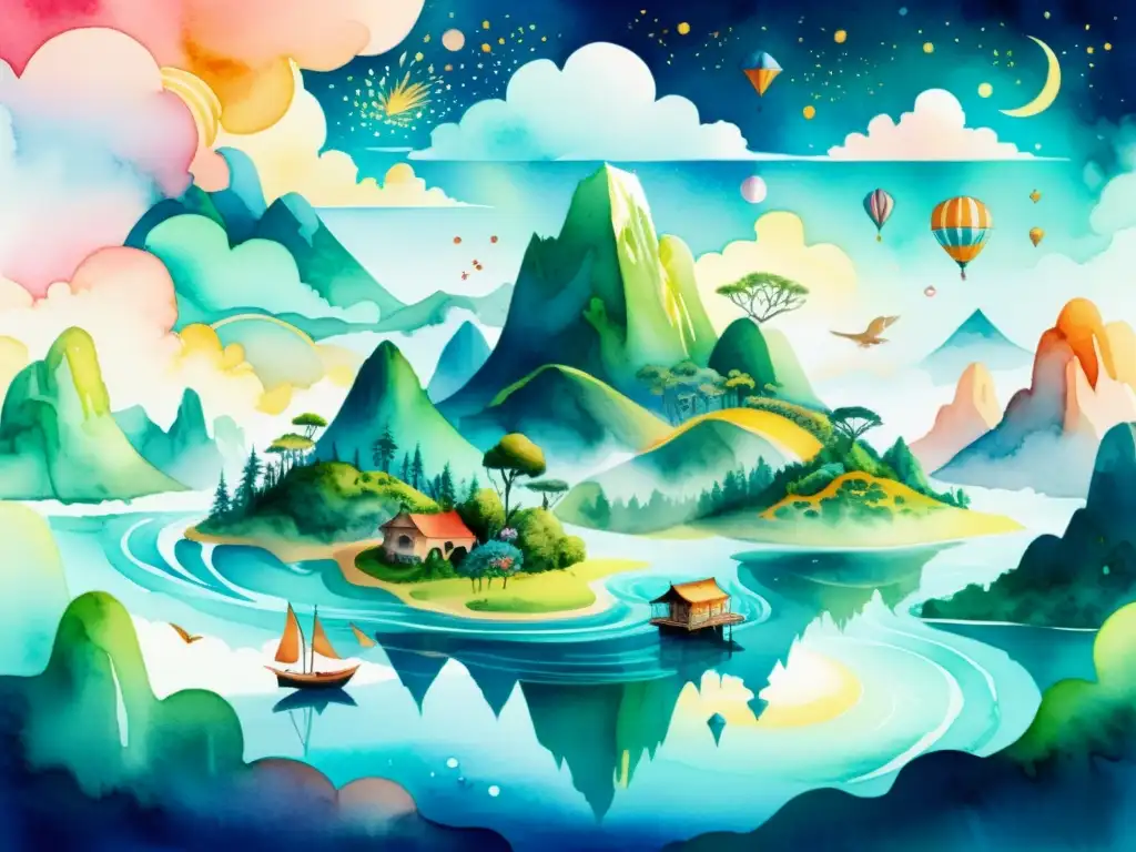 Surrealismo poético en la pluma iberoamericana: paisaje místico con islas flotantes, criaturas fantásticas y flora etérea en acuarela