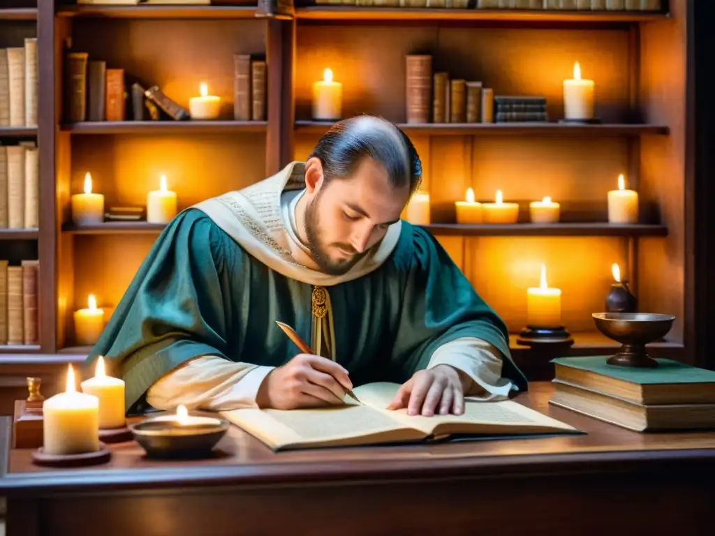 Un sutil retrato acuarela de un escriba medieval iluminado por velas, creando poesía