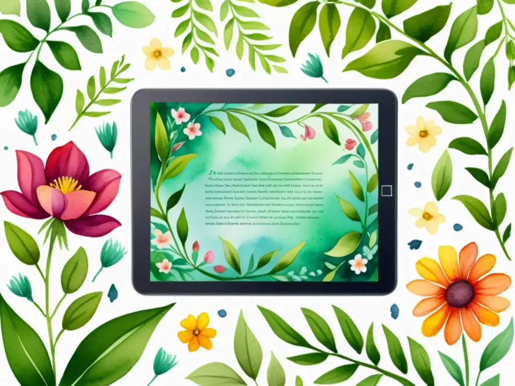 Tablet digital rodeado de flores y poesía, evocando autoedición digital para poetas independientes