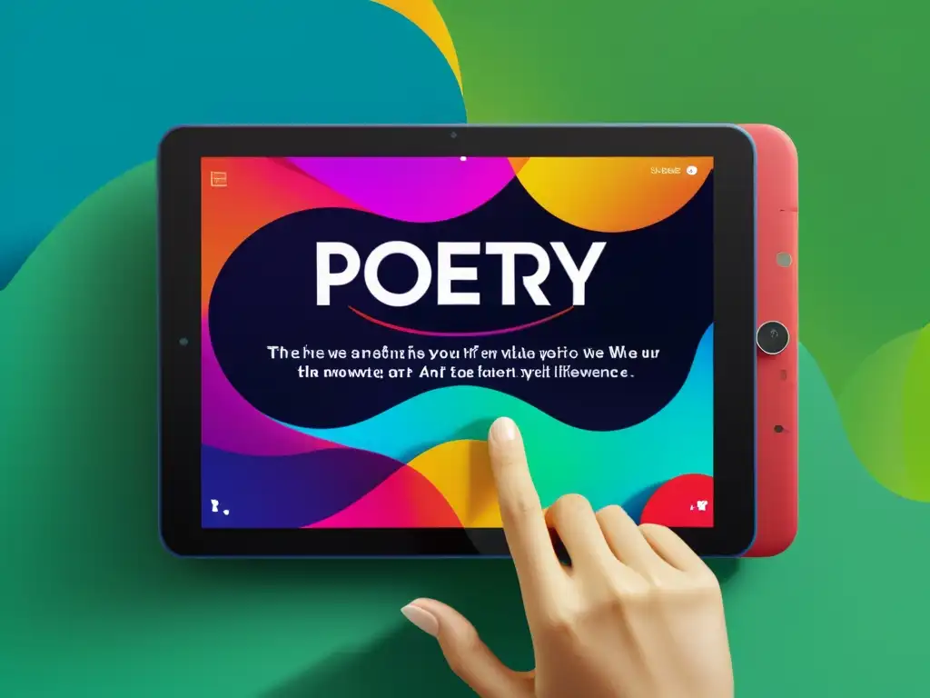 Tableta digital muestra app de poesía interactiva con experiencias poéticas únicas con tecnología en formas y texto dinámicos