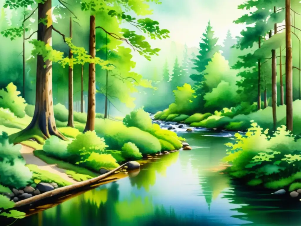 Taller de poesía y mindfulness: Pintura acuarela de un apacible bosque con árboles verdes, arroyo serpenteante y suave luz filtrándose entre las hojas