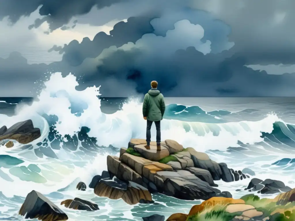 Taller virtual poesía lírica emocional: Pintura acuarela 8k de figura solitaria en costa rocosa, contemplando el mar tormentoso y cielos dramáticos