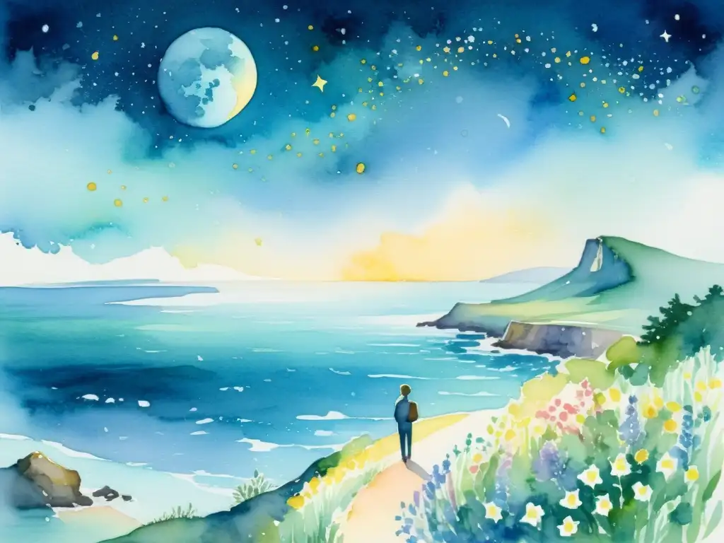 Taller poesía romántica épocas culturas: Pintura acuarela de paisaje lunar, figura solitaria en acantilado con flores y libro de poesía