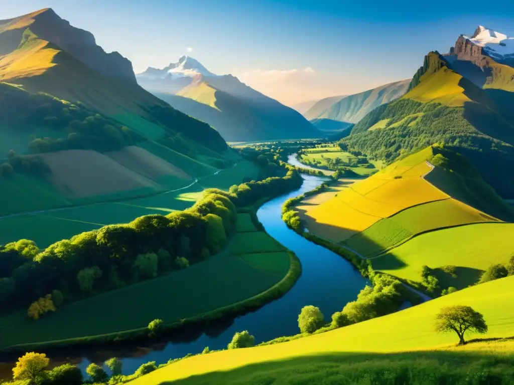 Taller de epopeya moderna: paisaje épico con montañas nevadas, río serpenteante y figura admirando la belleza natural