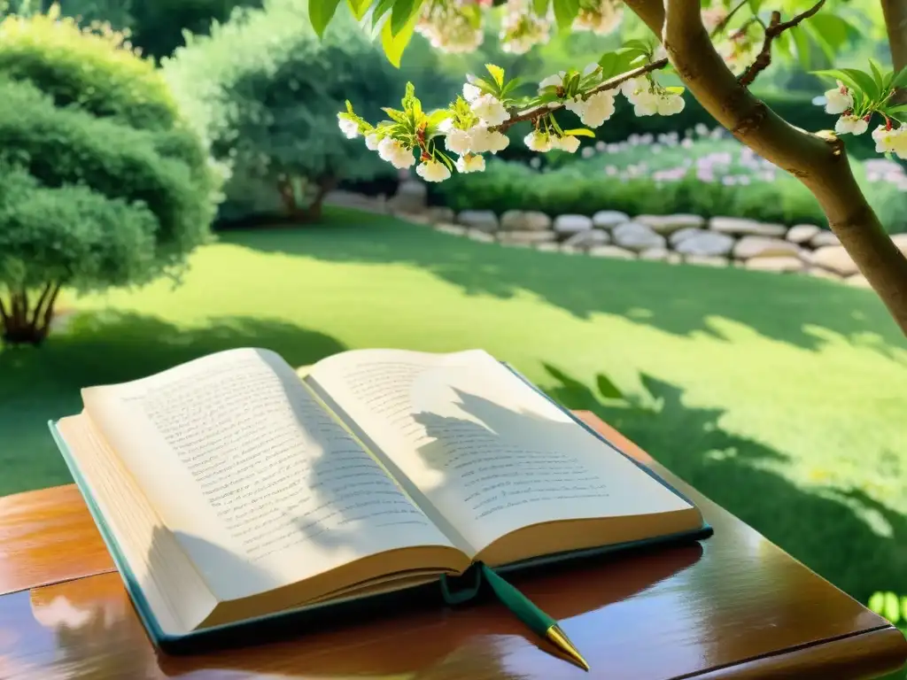 Taller de escritura poética ingreso: un jardín sereno y soleado con flores, un escritorio bajo un cerezo en flor, una atmósfera inspiradora