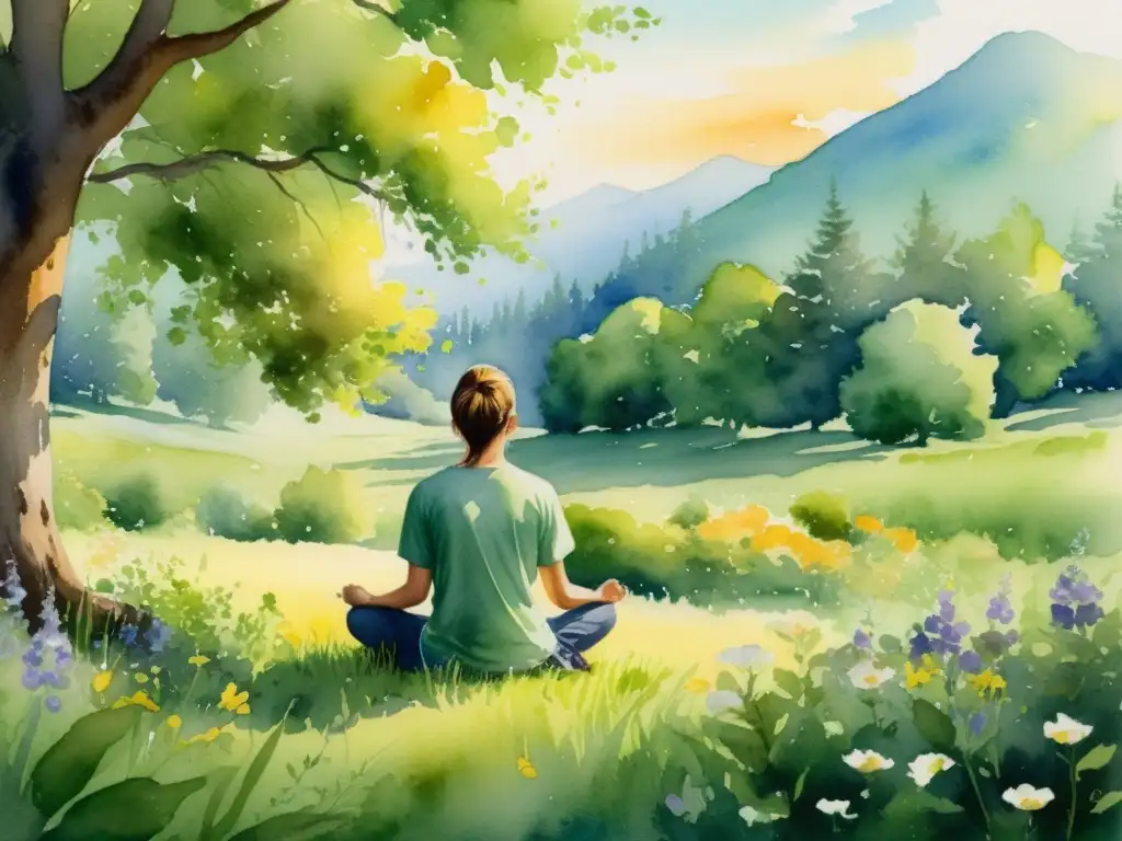 Taller de poesía y mindfulness: una pintura acuarela serena de meditación en prado verde con flores silvestres