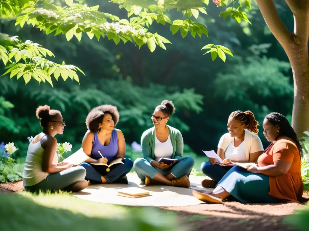 Un taller de poesía al aire libre, rodeado de naturaleza, donde participantes escriben en sus cuadernos