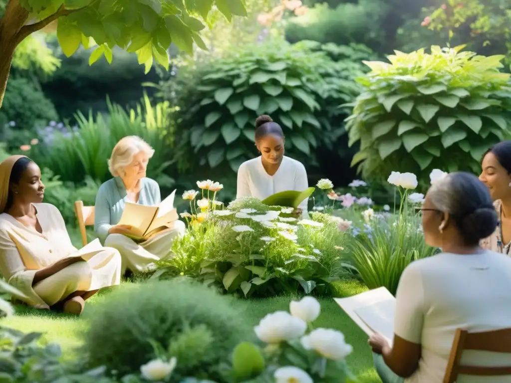 Taller de poesía emotiva en jardín florido, diversidad e inspiración en círculo de participantes bajo luz solar dappled