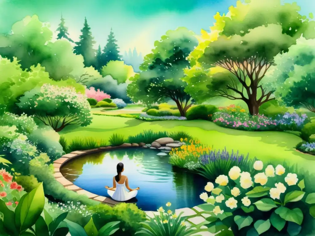 Taller de poesía y mindfulness: Pintura acuarela de un jardín sereno con un arroyo, flores y una figura en meditación creativa