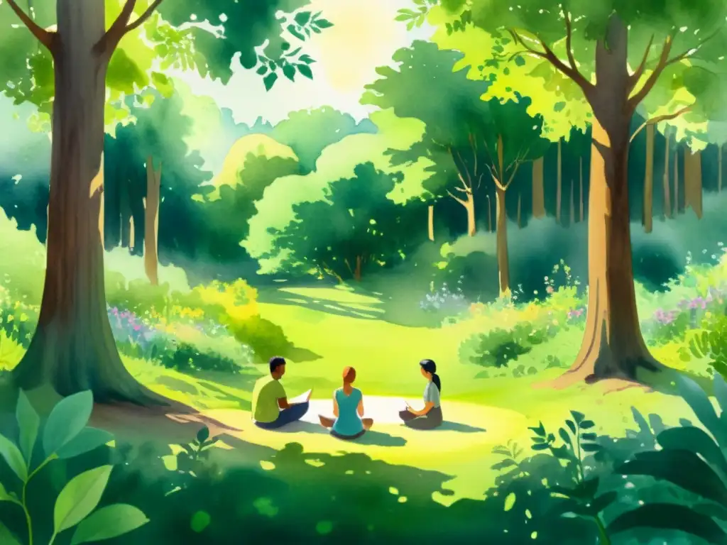 Taller de poesía y mindfulness: pintura acuarela de un tranquilo taller en el bosque, donde el instructor guía a un grupo en la escritura y meditación