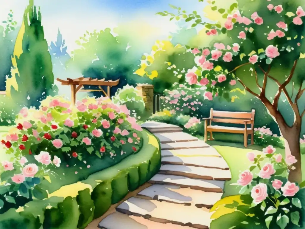 Taller virtual de poemas románticos: Una pintura acuarela de un sereno jardín con rosas rojas y rosadas en plena floración, follaje verde, y suave luz dorada entre las hojas