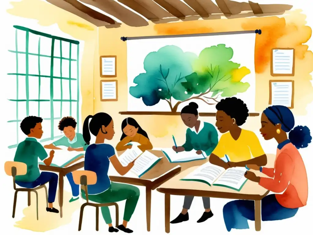 Talleres de poesía en educación: Ilustración acuarela de aula vibrante con estudiantes diversos inmersos en la creación y compartición de poemas