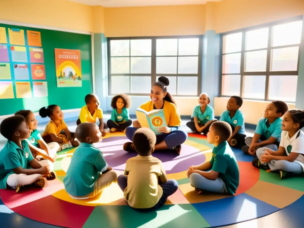 Talleres de poesía en educación: Una maestra sonriente lee poemas a niños atentos en un aula llena de color y luz