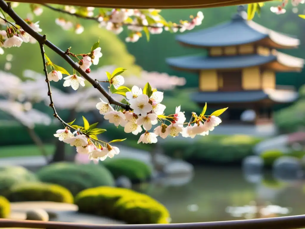 Un tapiz intrincado y vibrante de cerezos en plena floración en un sereno jardín japonés