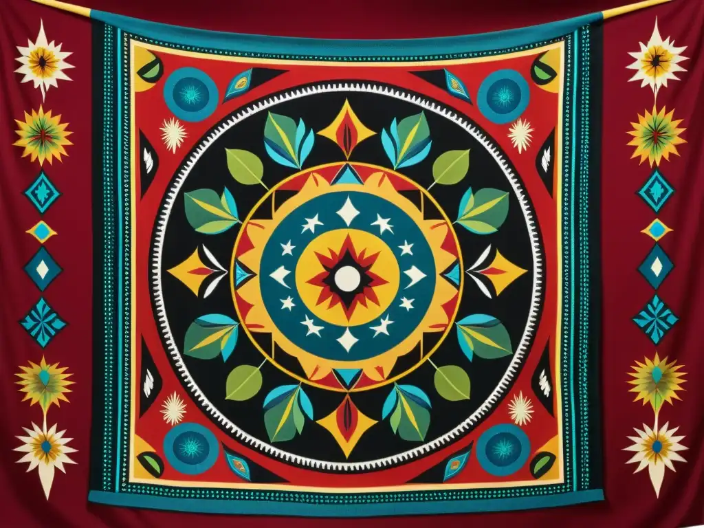 Un tapiz vibrante y elaborado con símbolos indígenas tradicionales y colores vibrantes, representando la rica herencia cultural de los Festivales de poesía indígena tradicional