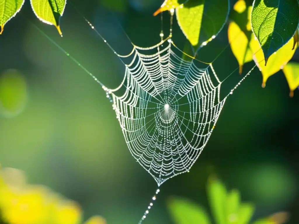 Una tejida telaraña cubierta de rocío entre hojas verdes, resplandece con luz dorada