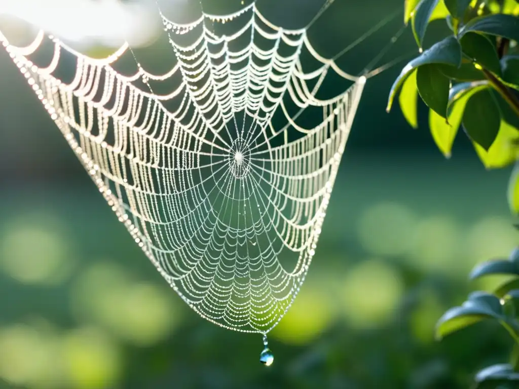 Una telaraña cubierta de rocío brilla con la luz suave de la mañana, capturando la belleza de encontrar poesía en la vida cotidiana