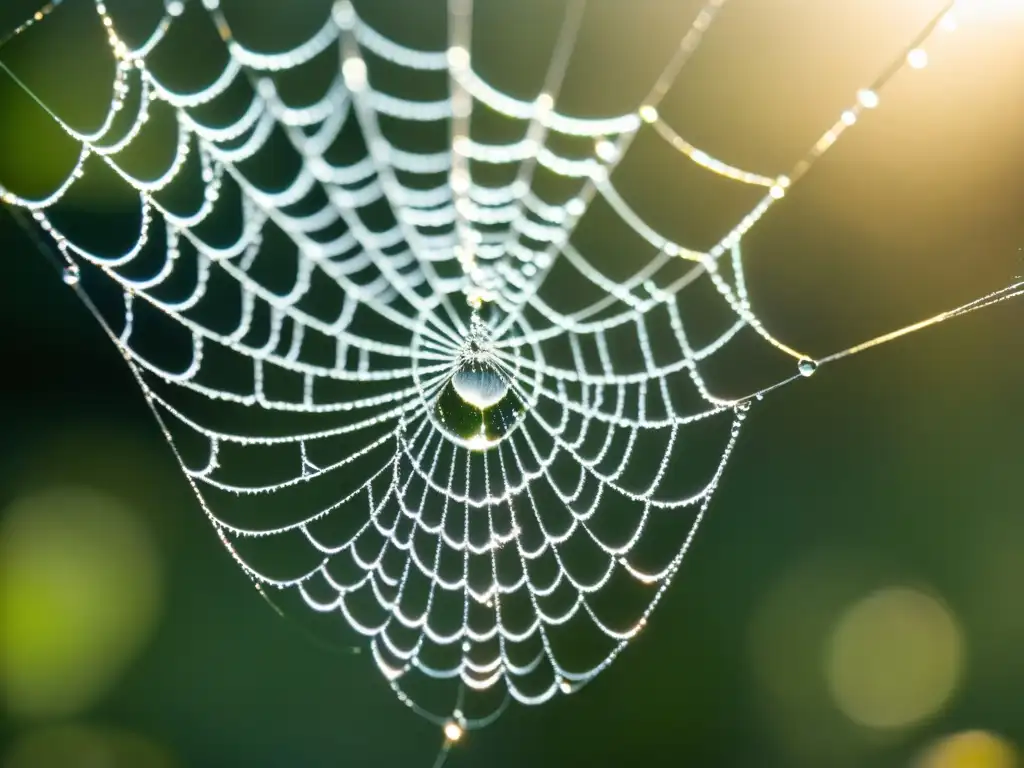 Una telaraña cubierta de rocío brilla con el sol matutino, creando una poesía visual de la vida cotidiana extraordinaria en el jardín sereno