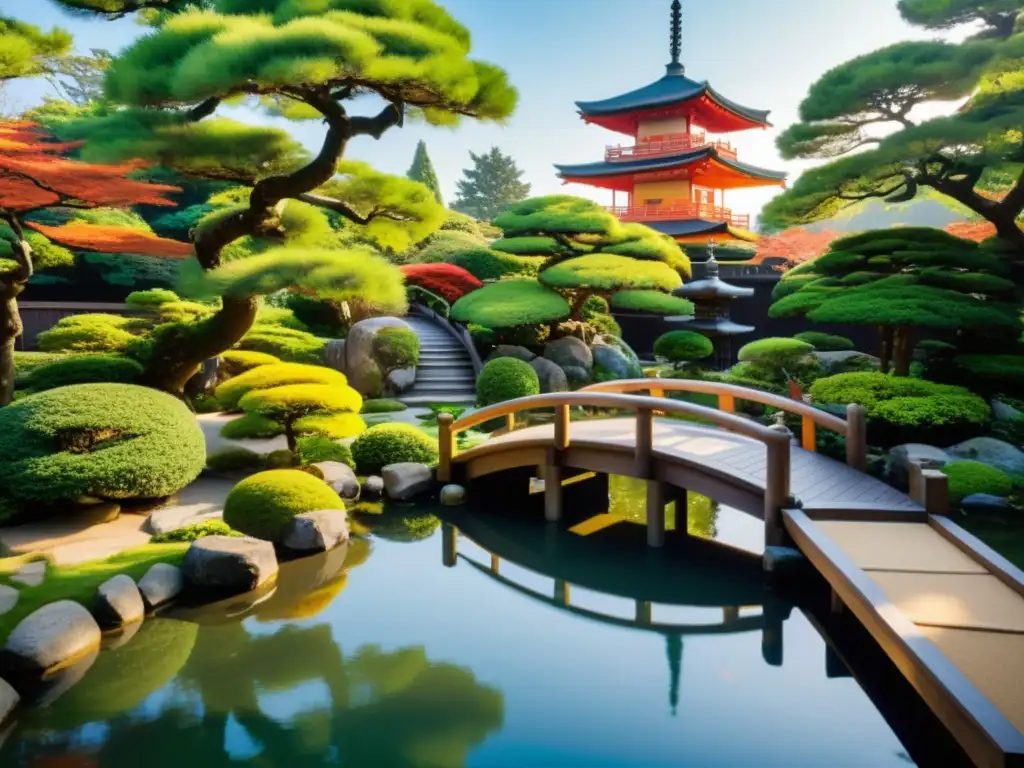 Un jardín japonés tradicional con bonsáis, un estanque de koi, un puente de madera y una pagoda entre la exuberante vegetación