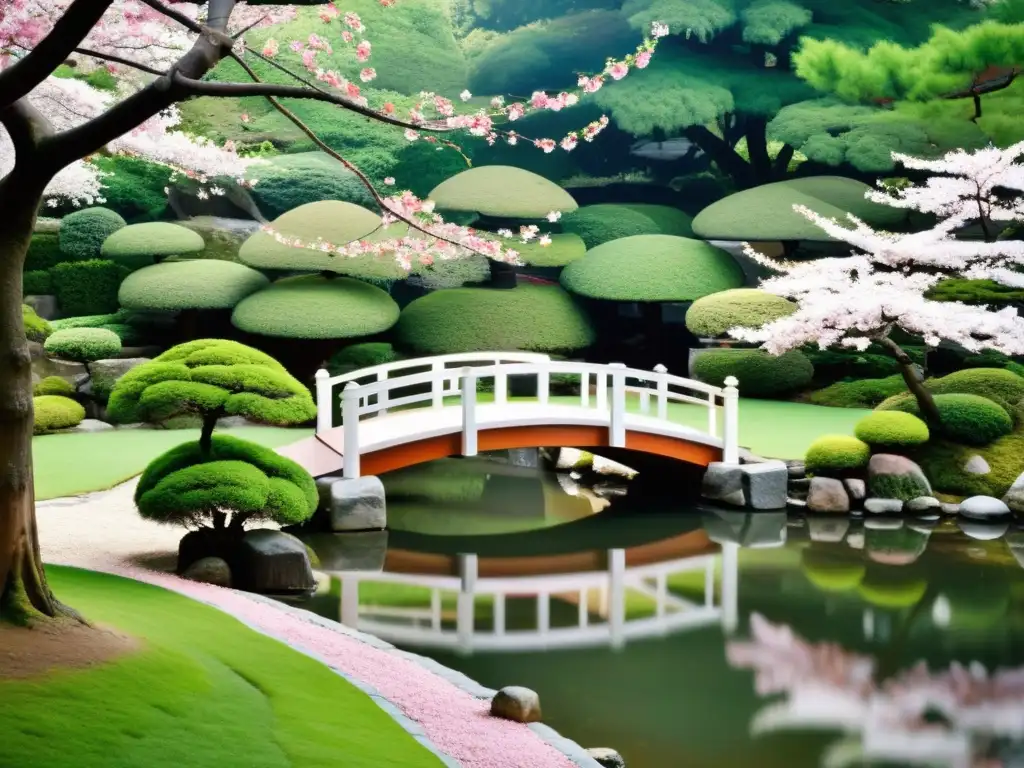 Jardín japonés tradicional con un estanque sereno reflejando los vibrantes colores de los cerezos en flor